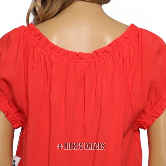 Old Navy Neon Coral Puff Sleeve Ruffle Tie Neck Blouse Top Lightweight Size S - Picture 6 of 11